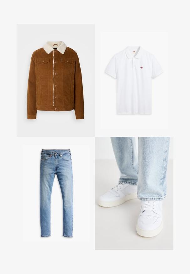 INDICODE JEANS Casaco leve - rubber; Camisa polo branca feita de algodão. Apresenta uma pala com três botões, mangas curtas e um pequeno logotipo vermelho da Levi's no lado esquerdo do peito.; Jeans de denim azul claro com um corte straight, cinco bolsos, fecho de botão e um desbotamento sutil por toda a peça.; Sneakers brancos de couro de cano baixo com biqueira perfurada, atacadores planos e design minimalista. Combinados com jeans de ganga de cor azul clara.