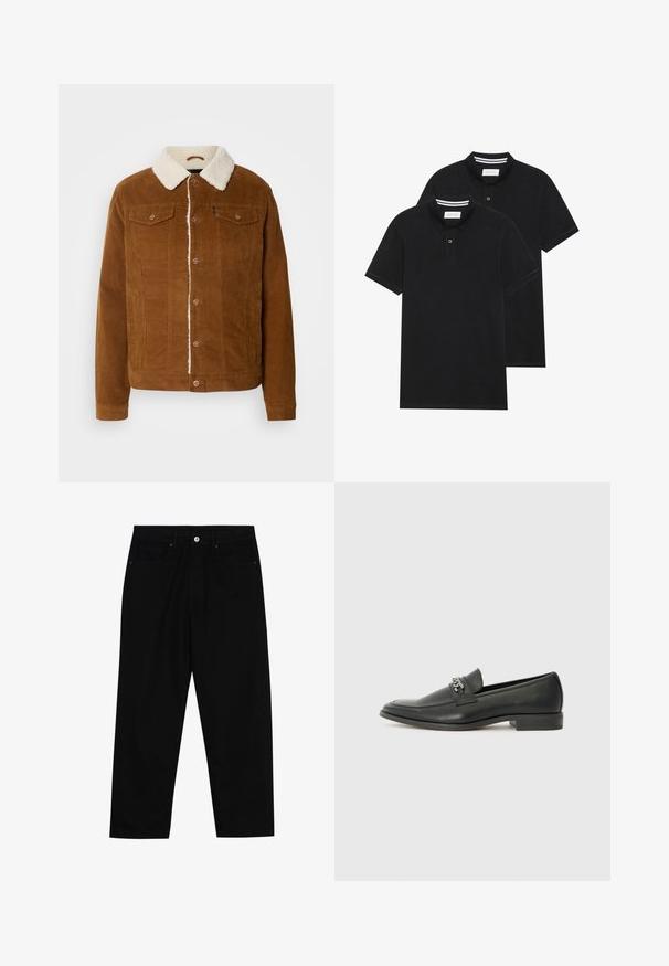 INDICODE JEANS Veste mi-saison - rubber; Deux polos noirs, à manches courtes, en coton, avec un col classique, une patte de boutonnage à deux boutons, et des accents rayés blancs à l'intérieur du col.; Pantalons en denim noir avec une coupe droite, un design à cinq poches et une fermeture à bouton à l'avant. Texture lisse avec des détails de couture minimaux.; Mocassin en cuir noir avec une finition lisse, présentant un design cousu et une accent décoratif en chaîne métallique sur le rand. Talon plat.