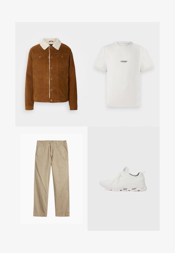 INDICODE JEANS Lengva striukė - rubber; Balta medvilnė marškinėliai su trumpomis rankovėmis, kuriuose yra juodas "JJ Studios" logotipas krūtinėje. Apvalus kaklas ir standartinės fasono dizainas.; Bežiniai tiesaus kirpimo chinos kelnės su diržo kilputėmis, priekyje esančia mygtuko ir užtrauktuko uždarymo sistema, bei šoninėmis kišenėmis.; Baltos sportinės detalės batai su tekstūruotu megztu viršumi, plokščiais raišteliais ir paminkštintu padu, kuriame matomos oro kameros papildomam palaikymui.