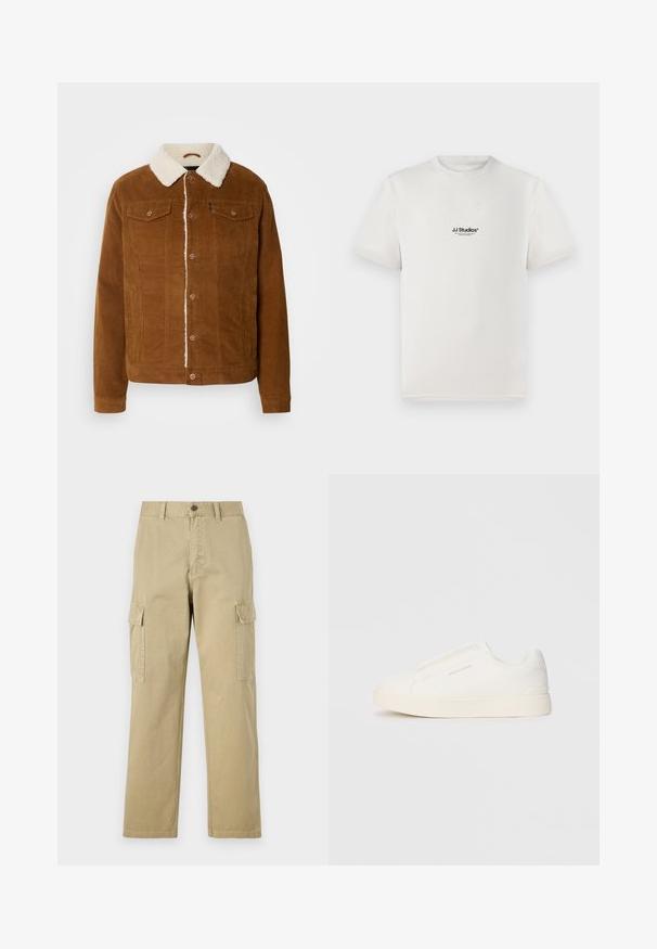INDICODE JEANS Veste mi-saison - rubber; T-shirt en coton blanc à manches courtes, arborant un logo noir "JJ Studios" sur la poitrine. Col rond et coupe standard.; Pantalons cargo beiges en coton, dotés de deux poches latérales, d'une fermeture à bouton et de jambes droites avec un tissu légèrement texturé.; Baskets blanches sans lacets avec une surface texturée, une semelle épaisse et un design minimaliste. Présente le logo de la marque sur le côté.