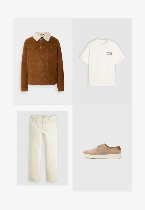 INDICODE JEANS Overgangsjakke - rubber; Hvid kortærmet t-shirt lavet af bomuld, med et sort grafisk design på venstre brystområde med ordet "Fresh."; Lys beige løstsiddende bukser med tre lommer, bæltestropper og lige ben. Fremstillet af et blødt bomuldsblandingsstof.; Beige ruskinds sneakers med rund tå, snørebånd foran og en struktureret rygdetalje. Hvid gummisål giver kontrast. Enkel og moderne design.