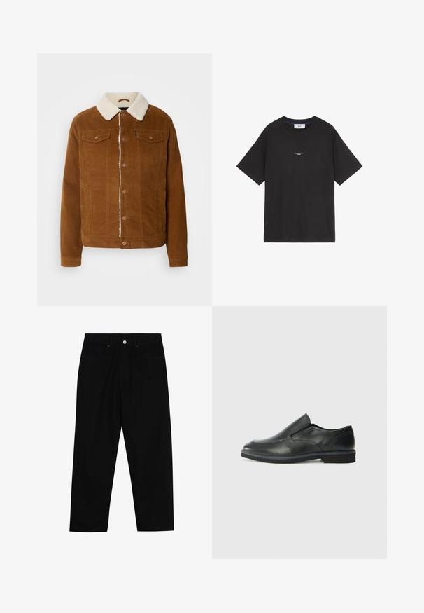 INDICODE JEANS Allvädersjacka - rubber; Svart bomulls t-shirt med rund hals och korta ärmar. Har en liten vit logotypdetalj på framsidan. Enkel design, avslappnad passform.; Svarta denimbyxor med rak passform, femficksdesign och framknäppning. Slät textur med minimala sömdetaljer.; Svart lädersko i slip-on-modell med en slät ovandel, sömnadsdetaljer, rund tå och låg gummihäl. Sulan har minimal mönstring.