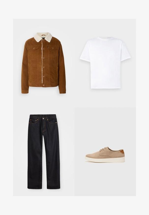 INDICODE JEANS Lengva striukė - rubber; Balta medvilninė marškinė su apvaliu kaklu ir trumpomis rankovėmis. Lygi tekstūra, tiesus kirpimas, be raštų ar akcentų. Tik užpakalinė pusė.; Vyrų tiesaus kirpimo juodi džinsai iš denim medžiagos, su penkiomis kišenėmis ir oranžinėmis siūlėmis, su mygtuko ir užtrauktuko uždarymu ant priekio.; Bežiniai zomšiniai sportbačiai su apvaliomis pirštų dalimis, raišteliais priekyje ir tekstūruotu užkulniu. Balta guma suteikia kontrastą. Paprastas ir modernus dizainas.