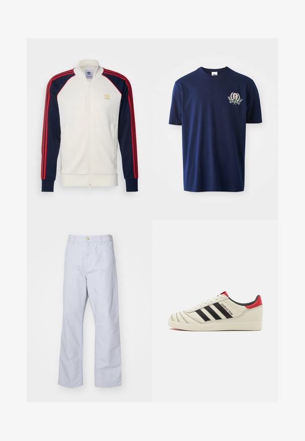 Adidas träningsjacka i krämfärgad med marinblå ärmar och röda ränder, dragkedja fram, ribbad mudd, och liten gul logotyp på bröstet.; Marinblå t-shirt i bomull med korta ärmar, rund halsringning och broderad logotyp med lager accenter på vänster bröst.; Ljusblå, raka byxor i bomull. Har en framficka, dragkedjegylf och en enda metallknapp i midjan.; Krämfärgade lädersneakers med svarta ränder, röda häldetaljer och strukturerade detaljer. Har en gummisula och snörning.