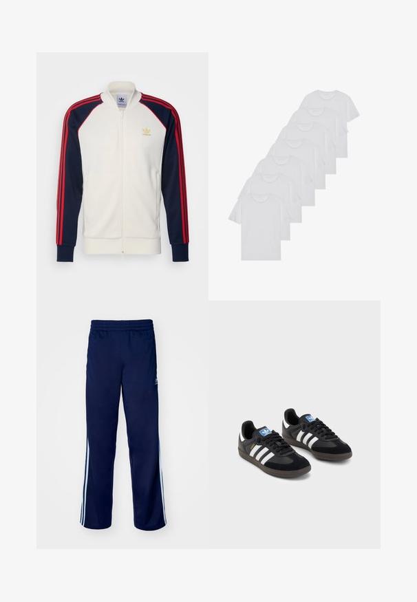 Adidas träningsjacka i krämfärgad med marinblå ärmar och röda ränder, dragkedja fram, ribbad mudd, och liten gul logotyp på bröstet.; Vita bomull T-shirts, korta ärmar, rundad halsdesign, slät textur, staplade i en rad, med subtil branding vid halsringningen.; Marina atletiska byxor med elastisk midja, ljusblå sidostråkar och en slät textur. Inkluderar logotypdetalj på sidan.; Svarta sneakers med övre del av mocka och syntetmaterial, med tre vita ränder, texturerad gummisula och blå logotags på tungan.