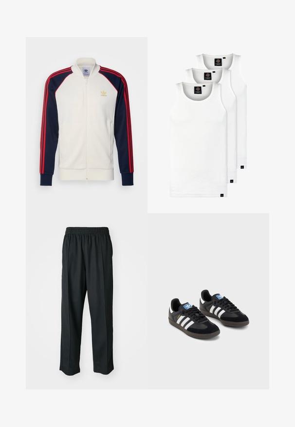 Adidas trackjakke i creme med marineblå ærmer og røde striber, lynlås foran, ribbede manchetter, og lille guld logo på brystet.; Tre hvide ribbede tanktops lavet af bomuld. Har en rund hals og små sorte mærker nær sømmen. Fås i flere størrelser.; Sorte træningsbukser med elastisk talje, lavet af glat stof, med diskrete sidesyninger og en afslappet pasform, lige ben design.; Sorte sneakers med en overdel i ruskind og syntetisk materiale, med tre hvide striber, struktureret gummisål og en blå logoetiket på tungen.