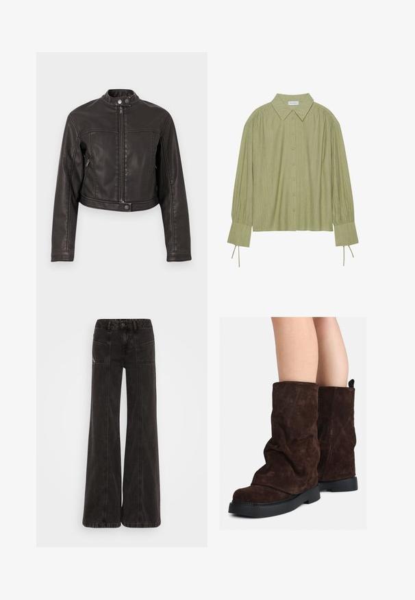 Svart cropped skinnjakke med oppreist krage, frontlås og sidelommer med glidelås, med en jevn tekstur og minimal søm.; Lysegrønn langermet skjorte med knappelukking foran, krage, teksturert stoff og knytedetaljer ved mansjettene. Rett skjæring.; Svart bredbeinede jeans laget av denim, med høy midje, frontlommer og ton-i-ton sømmer langs sømmene.; Brune suedestøvler til midt på leggen med sorte gummisåler, båret på nakne legger, som viser lett rynking på støvelskaftene.