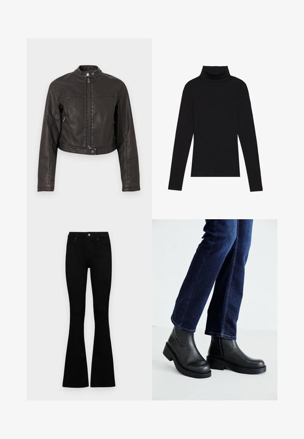 Svart cropped skinnjakke med oppreist krage, frontlås og sidelommer med glidelås, med en jevn tekstur og minimal søm.; Svart høyhalset langermet topp, laget av ribbestrikket stoff, har en tettsittende design med høy hals og uten mønstre eller dekorasjoner.; Sorte høytlivsjeans med knapp og glidelås, frontlommer og utsvingte bein liggende flatt på en hvit bakgrunn.; Sorte lær ankelsko med en kraftig såle og elastiske paneler på siden, kombinert med mørkeblå jeans. Underlaget er lyst.