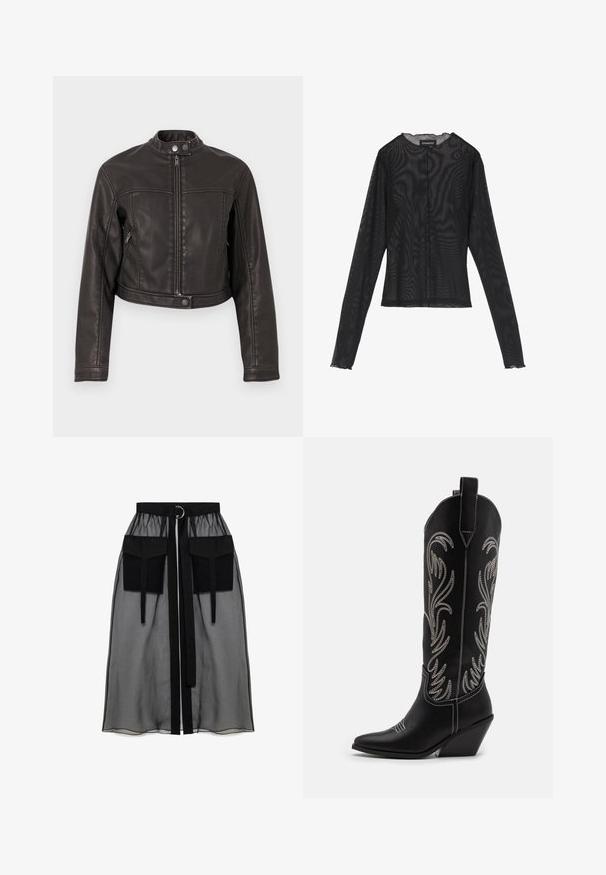Must must läikiv nahkjakker, millel on seisva kraega, eesnepp ja külje tõmblukuga taskud, sile tekstuur ja minimaalne õmblus.; Musta pikkade varrukatega ülemus, mis on valmistatud läbipaistvast kangast, ümmarguse kaeluse, esise nuppluku ja laineliste servadega varrukatel.; Must mustriga seelik, millel on kogutud vöökoht, kaks suurt esitaskut, vöötie ja ringikujuline metallaktsent.; Mustad mustad nahast cowboy saapad terava ninaga, vööndkanna ja hõbedaste tikanditega lillemustritega varred. Kontrastõmblused üle kogu.