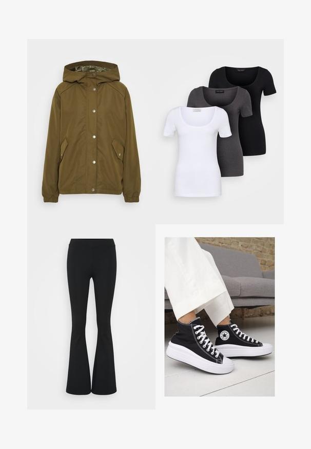 Ελαφρύ μπουφάν ελιάς με κουκούλα, κλείσιμο με κουμπιά, δύο πλαϊνές τσέπες και ribbed μανσέτες. Λείο, ανθεκτικό στο νερό ύφασμα.; Τρία εφαρμοστά T-shirts σε λευκό, γκρι και μαύρο. Το καθένα διαθέτει φαρδιά στρογγυλή λαιμόκοψη και κοντά μανίκια. Κατασκευασμένα από μαλακό, ελαστικό ύφασμα.; Μαύρο φαρδύ παντελόνι από ελαστικό ύφασμα, με ψηλή μέση και λεία υφή. Το παντελόνι ανοίγει από το γόνατο.; Μαύρα καμβά sneakers με ψηλή φτέρνα, με λευκές καουτσούκ σόλες και κορδόνια. Διαθέτουν κυκλικό λογότυπο στο πλάι και εντυπωσιακή λευκή ραφή.