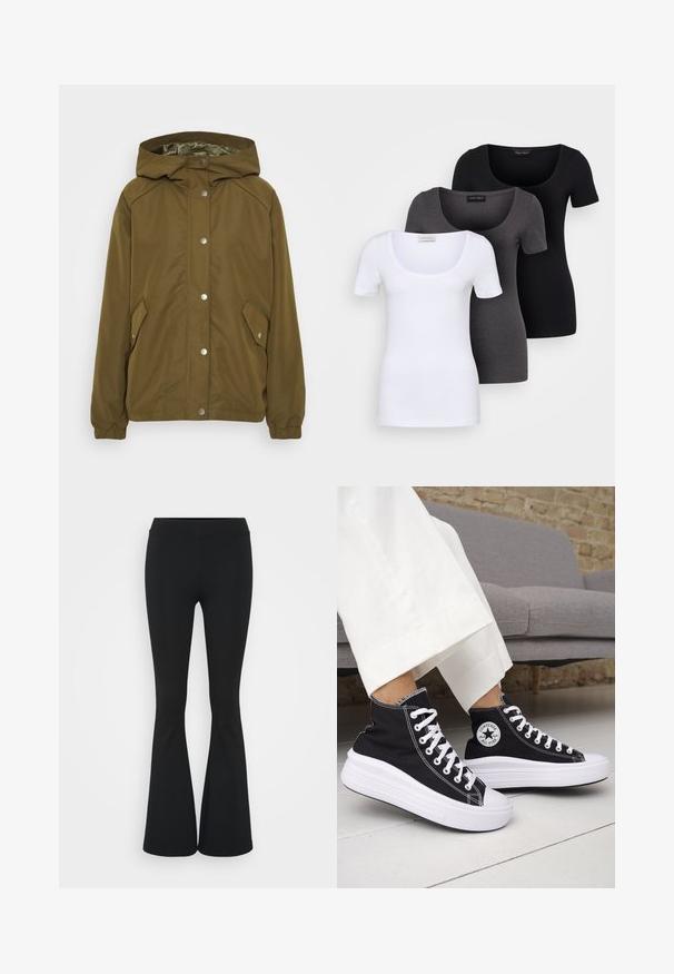 Olivengrønn lettvektsjakke med hette, trykknapplukking, to sidelommer og ribbestrikkede mansjetter. Glatt, vannavvisende stoff.; Tre figurerte T-skjorter i hvit, grå og svart. Hver har en bred scoop-nakke og korte ermer. Laget av glatt, elastisk stoff.; Svarte flared bukser laget av elastisk stoff, med høy midje og en glatt tekstur. Buksene vidder ut fra kneet.; Svarte høye sneakers med hvite gummisåler og lisser. Har et rundt logo-merke og kontrasterende hvite sømmer. Laget av lerret.