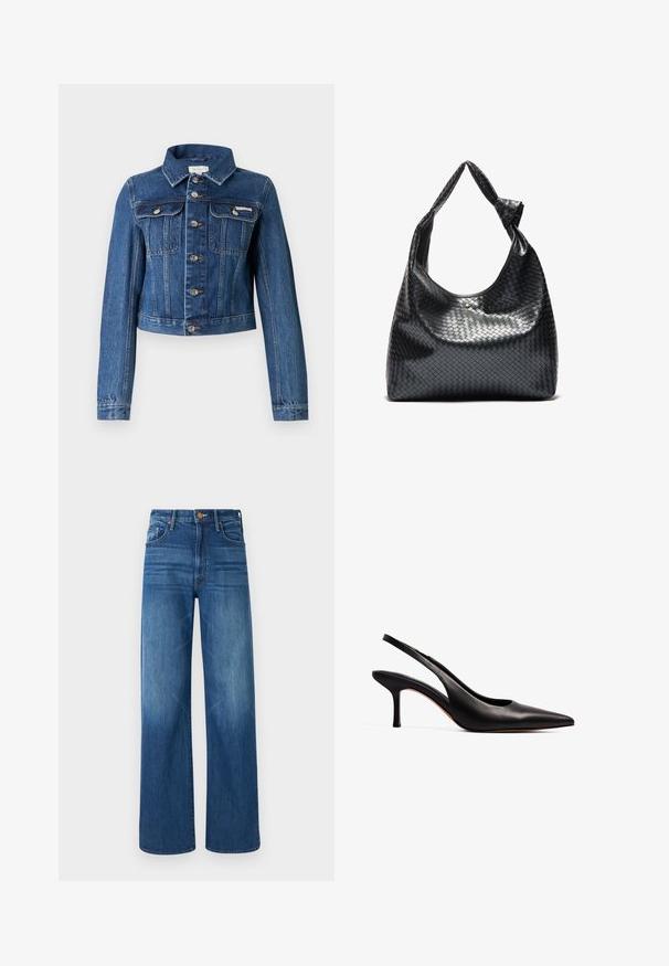 Blue denim jacket with long sleeves, silver buttons, two chest pockets, and a collar; cropped design with visible stitching details.; Blue and white striped long-sleeve button-up shirt with a spread collar, tailored fit, and curved hemline. Textured cotton material.; Mother THE LASSO SNEAK - Relaxed fit jeans - dark blue denim; NA-KD Classic heels - black; Black woven leather handbag with a slouchy design, featuring a knotted strap and a small decorative gold stud at the top.
