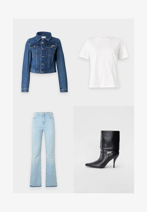 Jachetă din denim albastru cu mâneci lungi, nasturi argintii, două buzunare la piept și un guler; design scurtat cu detalii vizibile de cusături.; Tricou alb din bumbac cu mâneci scurte, guler rotund și o croială relaxată. Textură netedă, fără imprimeuri sau accente, design minimalist.; Jeanși evazați de culoare bleu deschis, fabricați din denim, cu talie înaltă, buzunare frontale și margini brutale la mansete pentru un look casual.; Botine negre din piele, cu vârf ascuțit, toc înalt și subțire, cu manșetă pliată și un detaliu decorativ cu cataramă aurie la gleznă.