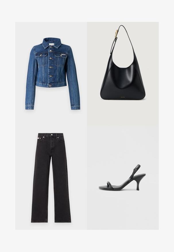 Casaco de ganga azul com mangas compridas, botões prateados, dois bolsos no peito e uma gola; design curto com detalhes de costura visíveis.; T-shirt branca de algodão com mangas curtas, gola redonda e um discreto logótipo em relevo da Calvin Klein na parte da frente. Textura suave, corte clássico.; Jeans de perna larga pretos feitos de denim, apresentando uma cintura alta, estilo de cinco bolsos e um fecho em botão de metal com costura contrastante.; Sandálias de salto alto em couro preto com um salto curvado e fino e um design de tiras cruzadas. Correia ajustável no tornozelo. Textura suave.; Bolsa de ombro em couro preto com uma textura suave, silhueta curvada e um detalhe em metal dourado. Apresenta logótipo da marca em relevo na base.