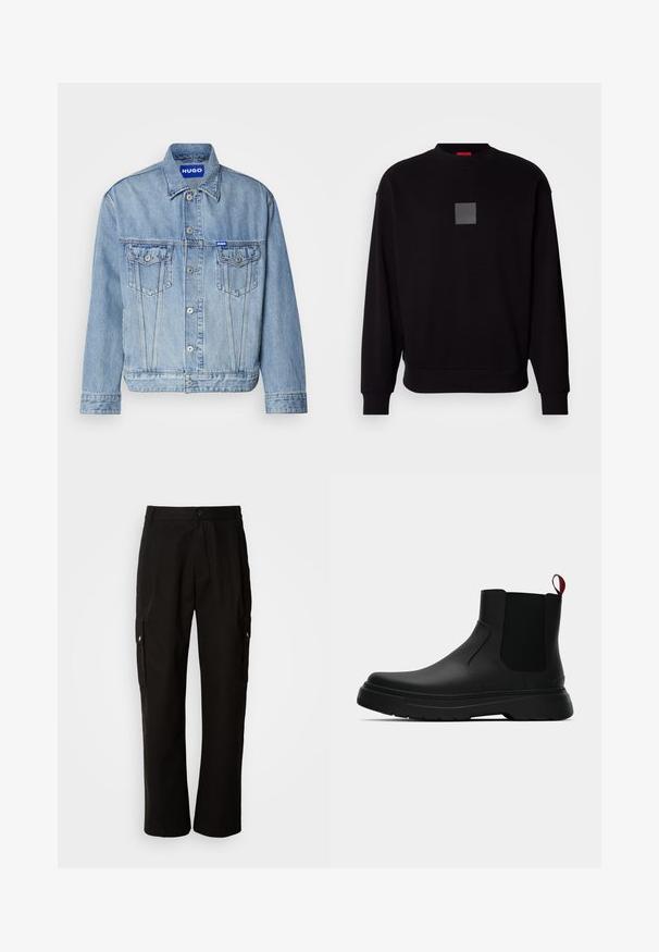 Light blue denim jacket with a button-up front, two chest pockets, and a branded blue patch on the upper left side. Classic collar and cuffs.; Black sweatshirt with long sleeves, round neckline, a front gray square logo, soft texture, and ribbed cuffs and hem.; Black cargo pants made of cotton with a relaxed fit, featuring side pockets, a button closure, and straight legs. Simple design without patterns.; Black ankle boot with a smooth finish, elastic side panels, and a contrasting red pull tab, featuring a thick rubber sole and rounded toe.