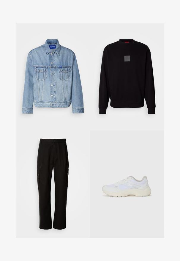 Light blue denim jacket with a button-up front, two chest pockets, and a branded blue patch on the upper left side. Classic collar and cuffs.; Black sweatshirt with long sleeves, round neckline, a front gray square logo, soft texture, and ribbed cuffs and hem.; Black cargo pants made of cotton with a relaxed fit, featuring side pockets, a button closure, and straight legs. Simple design without patterns.; White athletic shoes made of mesh and suede, featuring a textured midsole, textured accents, and "HUGO" logo on the side.