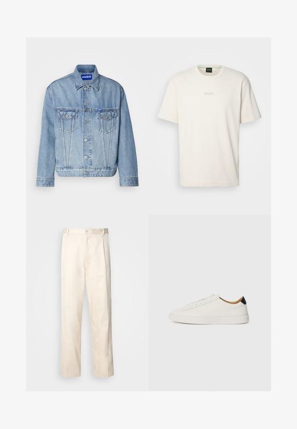Jaqueta de ganga azul clara com fecho de botões à frente, dois bolsos no peito e um emblema azul na parte superior esquerda. Gola clássica e punhos.; BOSS TEE - T-shirt básica - open white; Calças de algodão bege com corte reto, apresentando um fecho de botão e pregas na frente para um detalhe adicional.; Sapatilhas brancas com um cabedal em couro liso, bico redondo e sola plana. Detalhe preto no calcanhar, com atacadores tonais e uma marcação minimalista.
