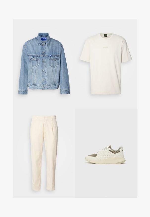Kerge sinine teksajakk nupuga esiosas, kahe rinnataskuga ja bränditud sinise plaastriga vasaku ülanurga lähedal. Klassikaline krae ja mansetid.; BOSS TEE - Lihtne T-särk - open white; Kreemivärvi puuvillased püksid sirge jala disainiga, ees voldid, nööbiv closure ja küljetaskud. Sile tekstuur.; Valge ja heledat beeži värvi spordijalats, millel on õhuke võrkmaterjal, perforatsioonidega detailid ning tekstuuriga vahetald, millel on brändi logo kannaosas.