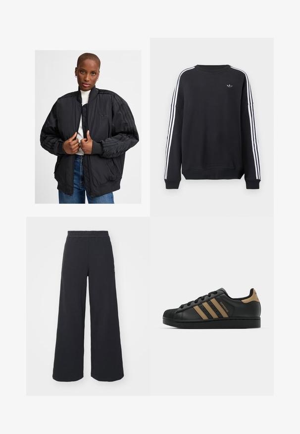adidas Originals Giacca invernale - schwarz; Felpa nera con maniche lunghe, strisce bianche che corrono lungo ogni braccio e un piccolo logo grigio sul petto. Materiale in cotone, vestibilità casual.; Pantaloni felpati neri a gamba larga realizzati in tessuto morbido, con un elastico in vita e un piccolo logo sul lato sinistro.; Sneaker in pelle nera con tre strisce marroni, punta in gomma testurizzata, chiusura con lacci e suola piatta nera. Presenta un logo discreto sul tallone.