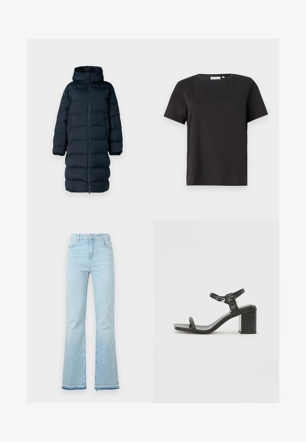 Gevoerde donkerblauwe jas met een capuchon, volledige ritssluiting, gequilt ontwerp en lange mouwen. Beschikt over een rechte snit en zijzakken.; Zwarte katoenen t-shirt met korte mouwen, een ronde halslijn en een eenvoudig, strak ontwerp. Geen zichtbare patronen of versieringen.; Lichtblauwe klokbroeken van denim, met een hoge taille, voorzakken en een ruwe zoom bij de boorden voor een casual uitstraling.; Zwarte leren sandaal met blokhak, voorzien van een brede band over de tenen en een verstelbare enkelband, met een strakke, minimalistische uitstraling.