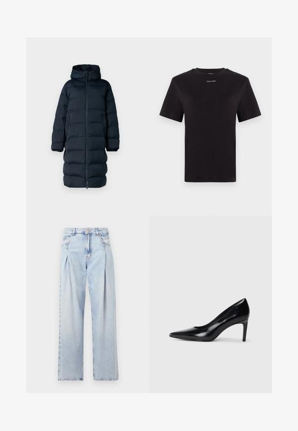 Zateplený tmavě námořnický kabát s kapucí, plným zipem, prošívaným designem a dlouhými rukávy. Obsahuje rovný střih a boční kapsy.; Černé bavlněné tričko s krátkými rukávy, kulatým výstřihem a malým bílým logem "Calvin Klein" na hrudi. Hladká textura, klasický střih.; Světlé modré džíny z denimu s vysokým pasem, širokým střihem, dvěma bočními kapsami a nařaseným designem. Měkká textura s vybledlým povrchem.; Černé kožené boty na vysokém podpatku s špičatou špičkou, hladkým povrchem a zúženým podpatkem. Minimalistický design, bez dalších ozdob.