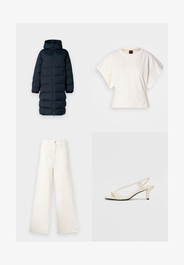 Abrigo acolchado en un oscuro color marino con capucha, cierre de cremallera completa, diseño acolchado y mangas largas. Presenta un corte recto y bolsillos laterales.; Camiseta blanca recortada, con mangas cortas y anchas, material de algodón suave, cuello redondo con un sutil ribete naranja, diseño minimalista, sin patrones ni gráficos.; Pantalones de pierna ancha en algodón beige claro. Presenta una cintura alta, bolsillos frontales y un corte recto. Acabado de dobladillo limpio sin patrones.; Sandalias de tacón cuadrado en color beige con tiras delgadas y punta cuadrada. Material suave con un diseño minimalista, diseñado para facilitar su uso.
