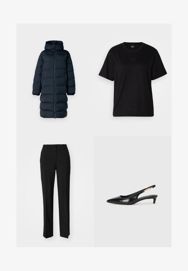 Cappotto imbottito di un blu navy scuro con cappuccio, chiusura a zip completa, design trapuntato e maniche lunghe. Presenta un taglio dritto e tasche laterali.; Maglietta in cotone nera con scollatura tonda, maniche corte e logo ricamato sul petto. Design semplice e vestibilità rilassata senza motivi.; Pantaloni neri su misura con un design a gamba dritta, caratterizzati da una texture liscia e pieghe ben definite sul davanti. Senza hardware visibile.; Tacchi slingback in pelle nera con punta affusolata, caratterizzati da un tacco alto e un accento dorato sulla cinghia regolabile. Texture liscia.