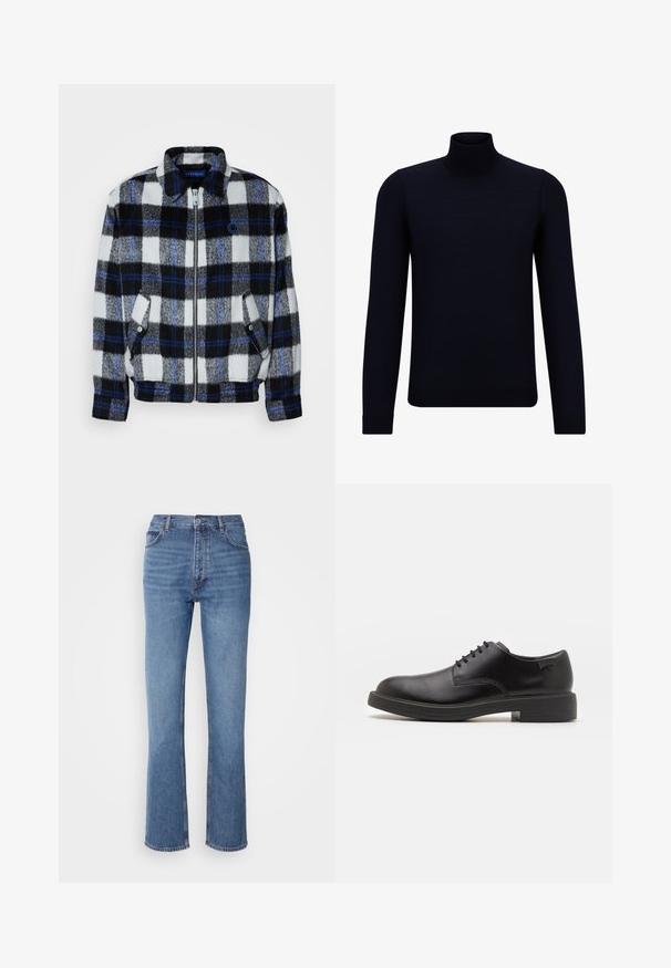 Fleece jacket in a black, white, and gray plaid pattern with blue accents. Features a front zipper and side pockets, with a collar.; Dark navy turtleneck sweater made of fine knit fabric, featuring long sleeves and a fitted, high neckline. No visible patterns or accents.; Blue denim jeans with a high waist, straight-leg design, and subtle fading. Features classic five-pocket styling and a zip fly closure.; Black leather lace-up shoe with a rounded toe, smooth texture, minimal stitching, and a low rubber heel. Logo on the heel.