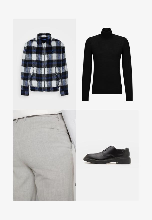 Fliisjakker mustamiseks must-valge-hall ruuduline muster siniste aktsentidega. Omab esimest lukku ja küljetaskuid, samuti kraed.; Musthave muströid ja pehmest materjalist must turtleneck, millel on pikad varrukad ja tihe istuvus. Ribaga ääris allservas ja vöökohal. Lihtne disain.; Heledat hallid kohandatud püksid tekstuurse kangaga, millel on üks tagatasku ja puhas õmblus.; Must beemel levalis kingad ümarate varvastega, sileda pinnaga, minimaalsete õmblustega ja madala kummist kontsaga. Logo kontsa peal.