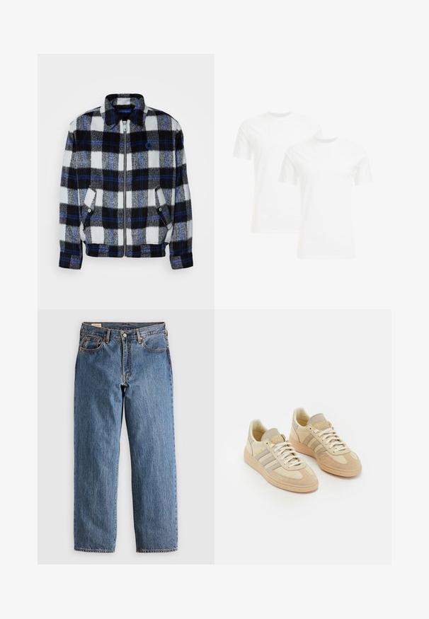 Fleece striukė juodai, baltai ir pilkai languota su mėlynomis akcentais. Yra priekinis užtrauktukas ir šoninės kišenės, taip pat apykaklė.; Du du baltos medvilninės marškinėliai trumpomis rankovėmis ir apvaliu kaklu, pasižymintys lygiu tekstūru ir paprastu dizainu, sudėti vertikaliai.; Mėlynos džinsinio audinio kelnės su tiesiu kirpimu, turinčios aukštą liemenį, vario kniedes ir oranžinę siuvinėjimą. Įtraukti priekiniai ir galiniai kišenės.; Šviesiai smėliniai sportbačiai, pagaminti iš zomšos ir audinio, su trimis pilkais dryžiais, tekstūriniais akcentais ir rusva guma. Šniūreliai baltos spalvos.