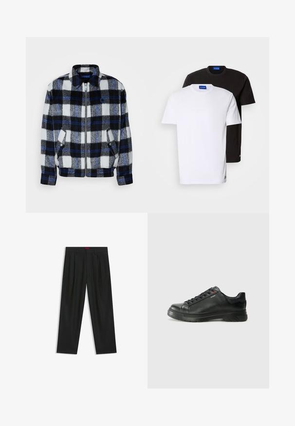 Fleecejakke i et sort, hvidt og gråt ternet mønster med blå accenter. Den har en frontlynlås og sidelommer samt en krave.; To T-shirts stablet: en hvid og en sort. Korte ærmer, runde halsudskæringer, stof af bomuld. Har et lille blåt logo ved halsudskæringen.; Sorte bukser med plisseret design, bred benform og en glat tekstur. Har et rødt taljetag.; Sorte lædersneakers med tekstureret overdel, polstret krave og rødt logo-detajle. Har en tyk gummisål med tydeligt mønster.