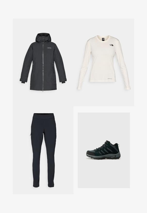 Svart vanntett parka med hette, som har glidelås foran, to sidelommer og elastiske mansjetter for ekstra komfort. Merkevarelogo på brystet.; The North Face SHADOW LONG SLEEVE - Topper langermet - white dune; Svarte joggebukser med slim fit, elastisk midjebånd og en sidelomme med glidelås. Glatt, elastisk stoff med minimalt med sømmer.; Columbia REDMOND - Fjellsko - black/citron haze