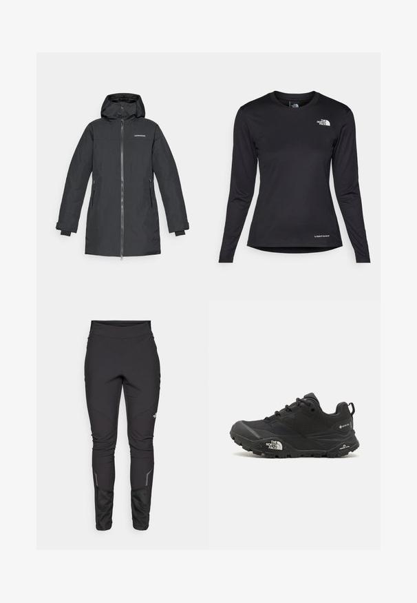 Svart ytterjakke med hette, glidelås, sidelommer og justerbare mansjetter. Laget av et glatt, værbestandig materiale.; The North Face SHADOW LONG SLEEVE - Topper langermet - black; Svarte utendørsbukser med en tettsittende design, slitesterkt stoff, reflekterende detaljer og panelsting for bedre bevegelse og komfort.; Svart tursko med teksturert overdel, snøring og en kraftig gummisåle som har et fremtredende logo på siden og mønster i sålen.