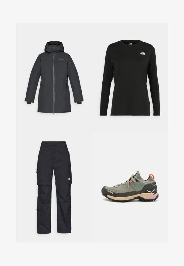 Parka preta à prova d'água com capuz, apresentando um fecho frontal, dois bolsos laterais e punhos elásticos para maior conforto. Logótipo da marca no peito.; T-shirt preto de mangas longas, feito de algodão, com decote redondo. Apresenta um pequeno logótipo branco na área esquerda do peito. Design simples e ajuste confortável.; Calças cargo pretas em nylon com fechos de correr removíveis, punhos ajustáveis, múltiplos bolsos e um logótipo na perna direita. Textura suave e leve.; Shoe de caminhada leve em verde, com materiais em malha e borracha, sola de tração preta, realces em rosa e laranja, e biqueira reforçada.