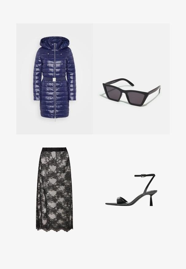 Marinblå pufferjacka med en glansig finish, vadderad design, dragskohood och midjebälte. Har en frontdragkedja och sidofickor.; Svart ribbad polotröja, korta ärmar, figurnära design, mjuk textur, minimalt med sömmar och hög krage.; Svart spetskjol med vågig nederkant, med ett blommönster och genomskinlig struktur. Elastiskt midjeband för bekväm passform.; Bershka Sandaletter - black; Svarta, vinklade solglasögon med grå linser; tillverkade av plast, med tjocka skalmar med en slät yta och utan synlig hårdvara.