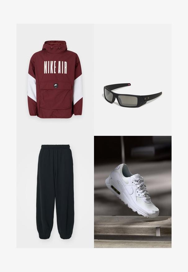 Röd Nike Air-jacka med huva, stort vitt logotyp på framsidan och vita detaljer på ärmarna. Har en framficka och elastiska ärmslut.; Svart sweatshirt i bomull med rund halsringning, långa ärmar och en liten vit Nike-logotyp på övre vänstra bröstet.; Svarta, elastiska sweatpants med lös passform, mudd vid anklarna, slät textur och utan synliga mönster eller detaljer i metall.; Vita Nike Air Max 90 sneakers med en ovandel i mesh och läder, perforerad tåbox och en synlig luftenhet i hälen.; Svarta solglasögon med matt yta, rektangulära linser, lätt kurva vid skalmarna, diskret logotypdetalj och rökfärgade linser.