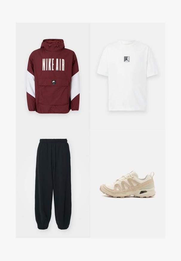 Chándal rojo de Nike Air con capucha, gran logo blanco en la parte frontal y acentos blancos en las mangas. Presenta un bolsillo frontal y puños elásticos.; Camiseta de algodón blanca con un gráfico de logo central en negro y gris. Cuello redondo clásico y mangas cortas con un corte relajado.; Pantalones de chándal negros con cintura elástica, de corte holgado, con puños en los tobillos, textura suave y sin patrones visibles ni acentos metálicos.; Zapatilla deportiva beige y crema con parte superior de malla texturizada, superposiciones de soporte y suela de goma con un patrón de tracción.