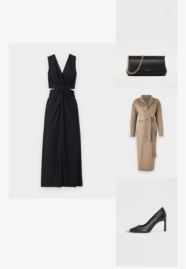 Filippa K ALEXA COAT - Klasikinis paltas - moss grey; Juoda be rankovių suknelė su giliu V formos kaklu, sukta priekine dalimi ir laisvu audiniu. Sijonas krenta iki grindų.; Juodas odinis aukštakulnis batelis su smailia nosimi ir metaliniu sidabriniu galiuku. Turi lygų paviršių ir ploną 10 cm kulną.; Juodas odinis delninukas su auksine grandine, turintis lygų paviršių, stačiakampį išmatavimą ir įspaustą prekės ženklą priekyje.