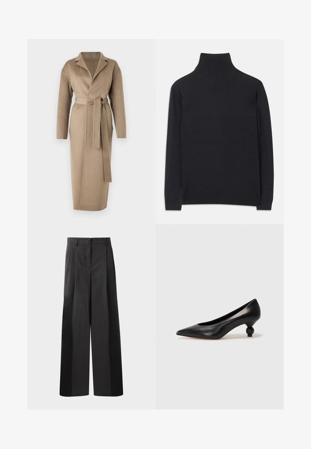 Filippa K ALEXA COAT - Palton clasic - moss grey; Pulover negru cu guler înalt, fabricat dintr-un material moale. Are mâneci lungi, un guler înalt și manșete și tiv cu dantelă pentru un aspect ajustat.; Pantaloni negri cu talie înaltă, cu picioare largi, având pliseuri frontale, o textură netedă și un finisaj croit. Concepuți pentru o croială relaxată.; Pantofii cu toc înalt din piele neagră, cu vârf ascuțit și toc rotund, mimos. Textură netedă, cu un design elegant și minimalist.