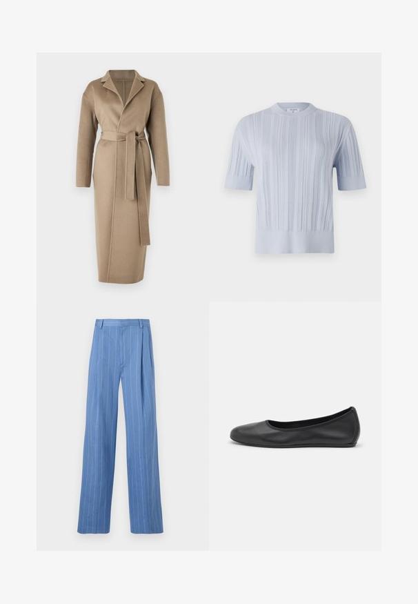 Filippa K ALEXA COAT - Classic coat - moss grey; Light blue short-sleeved knit top featuring vertical ribbed texture and a crew neckline. The fabric shows subtle detailing with a fitted hem.; Light blue wide-leg trousers with vertical white stripes. Made of smooth material, featuring a front pleat and a clean waistband design.; Black leather ballet flat with a rounded toe, smooth texture, minimal stitching detail, and a flexible sole design.