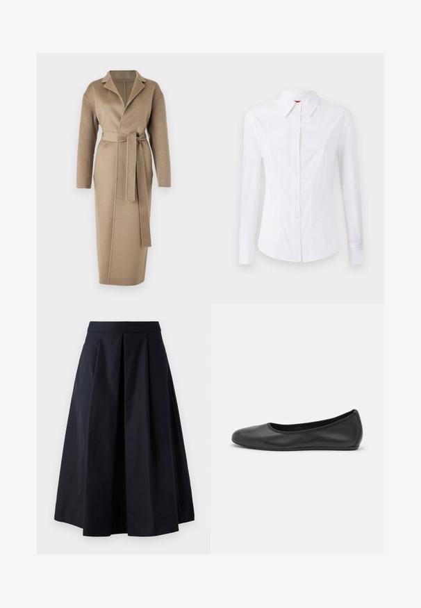 Filippa K ALEXA COAT - Klassischer Mantel - moss grey; Weißes langärmliges Hemd mit spitzem Kragen, vorderem Knopfverschluss und taillierter Passform. Glattes Baumwollmaterial mit dezenten Stickdetails.; Schwarzer A-Linien-Rock aus glattem Stoff, mit Falten und einem breiten Bund. Der Rock reicht bis kurz über das Knöchel.; Schwarze Leder-Ballettschuhe mit abgerundeter Spitze, glatter Textur, minimalen Nähdetails und einem flexiblen Sohlen-Design.