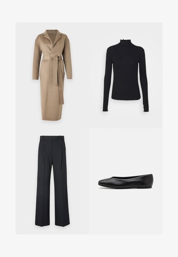 Filippa K ALEXA COAT - Klassinen takki - moss grey; Musta pitkähihainen poolotoppi, joka on valmistettu sileästä kankaasta, jossa on röyhelökaulus ja tiukka siluetti yksinkertaisilla reunoilla.; Tummansiniset raidalliset housut, joissa on korkea vyötärö, leveät lahkeet ja ei näkyviä metalliosia tai koristeita. Sileä pinta ja räätälöity istuvuus.; Paul Smith TOPANGA - Ballerinat - black