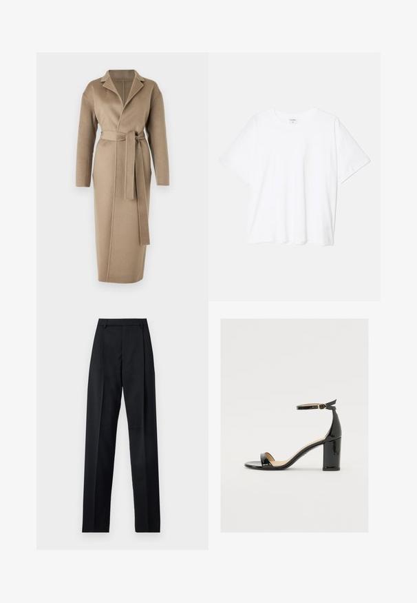 Filippa K ALEXA COAT - Casaco clássico - moss grey; T-shirt de algodão branco com mangas curtas, decote redondo, corte descontraído e bainha cosida. Etiqueta visível no interior do pescoço.; Calças pretas feitas de um tecido suave, com uma cintura alta, pernas largas, pregas frontais e passadores de cinto clássicos. Não há bolsos laterais visíveis.; Sandal de pele sintética preta com salto largo, ponta aberta e tira no tornozelo com fivela dourada. Textura suave e design elegante.