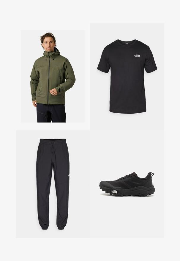 Zielona wodoodporna kurtka z wysokim kołnierzem, regulowanym kapturem, przednim zamkiem i kieszeniami bocznymi. Charakteryzuje się gładką, elastyczną fakturą materiału.; Czarna koszulka z krótkim rękawem wykonana z bawełny, z okrągłym dekoltem i małym białym logo na górnej lewej części klatki piersiowej.; Czarne spodenki sportowe wykonane z lekkiego materiału, z elastycznym pasem na sznurek, bocznymi kieszeniami i zwężanymi mankietami przy kostkach.; Czarne buty do biegania w terenie z teksturowaną cholewką, gumową podeszwą i wzmocnionym noskiem. Posiadają wyściełany kołnierz oraz uchwyt do łatwego zakładania.