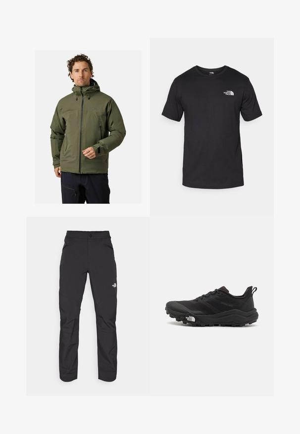 Zielona wodoodporna kurtka z wysokim kołnierzem, regulowanym kapturem, przednim zamkiem i kieszeniami bocznymi. Charakteryzuje się gładką, elastyczną fakturą materiału.; Czarna koszulka z krótkim rękawem wykonana z bawełny, z okrągłym dekoltem i małym białym logo na górnej lewej części klatki piersiowej.; Czarne spodnie outdoorowe z zamkiem błyskawicznym w przedniej kieszeni, wykonane z materiału syntetycznego, zwężające się nogawki oraz wzmocnione panele na kolanach. Posiadają zapięcie na guzik.; Czarne buty do biegania w terenie z teksturowaną cholewką, gumową podeszwą i wzmocnionym noskiem. Posiadają wyściełany kołnierz oraz uchwyt do łatwego zakładania.