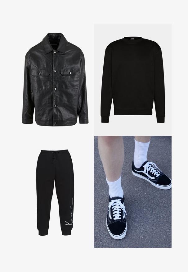 Schwarze Lederjacke mit einer knöpfbaren Front, zwei Brusttaschen und einem spitzen Kragen, die eine glatte Textur und ein minimales Design aufweist.; Schwarzer Sweatshirt mit Rundhalsausschnitt, langen Ärmeln und gerippten Bündchen. Aus weichem Stoff gefertigt, mit einem einfachen, klaren Design ohne Muster.; Weißes Baumwoll-T-Shirt mit rundem Halsausschnitt und kurzen Ärmeln, mit einem schwarz gestickten Logo, das in der Mitte der Brust platziert ist.; Schwarze Sweatpants aus Baumwolle, mit einem elastischen Bund und Kordelzug, tapered Beinen und einem weißen Logo-Design auf der linken Seite.; Schwarze Wildleder-Sneaker mit weißen Akzenten und Schnürsenkeln, kombiniert mit weißen, gerippten Socken, auf einer strukturierten grauen Oberfläche platziert.