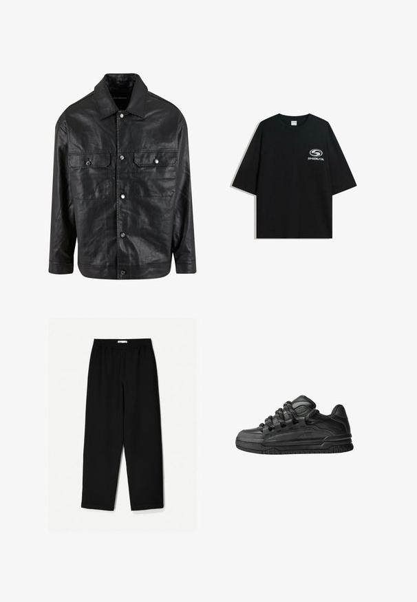 mustat nahkatakki, jossa on nappikiinnitys edessä, kaksi rintataskua ja terävä kaulus, joka on sileä ja yksinkertainen muotoilu.; Mustat ylipitkät puuvillapaidat, joissa on pyöreä kaula-aukko ja lyhyet hihat, etuosassa valkoinen "Shibuya" -logo.; Mustat, leveät lahkeet tehty kevyestä kankaasta. Ominaisuuksiin kuuluu joustava vyötärö ja sileä tekstuuri. Ei näkyviä kuvioita tai kiinnikkeitä.; Mustat tennarit, joissa on sileä nahkapinta, teksturoituja yksityiskohtia ja pyöreät musta-valkoiset nauhat. Paksu kumipohja, jossa on kuvioitu pinta.