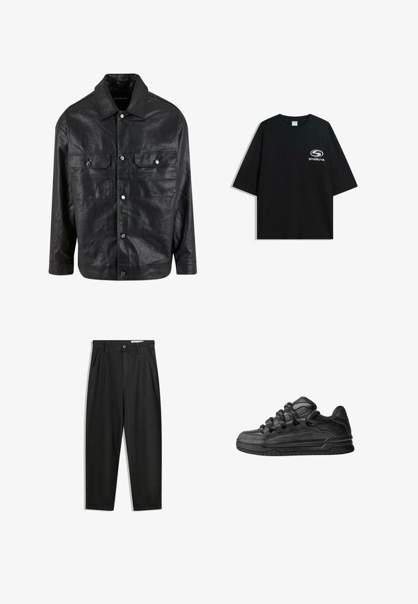 Fekete bőrdzseki gombos elülső résszel, két mellzsebbe, és hegyes gallérral, sima textúrával és letisztult dizájnnal.; Fekete, oversized pamut póló kerek nyakkal és rövid ujjakkal, az elején fehér "Shibuya" logóval.; Fekete pamut nadrág laza szabással, klasszikus derékrésszel, elülső hajtásokkal és oldalsó zsebekkel. Simább textúra minta nélkül.; Fekete sportcipők sima bőrből készült felső résszel, struktúrált kiegészítőkkel, valamint kerek fekete és fehér fűzőkkel. Vastag gumitalp mintázott bordázattal.