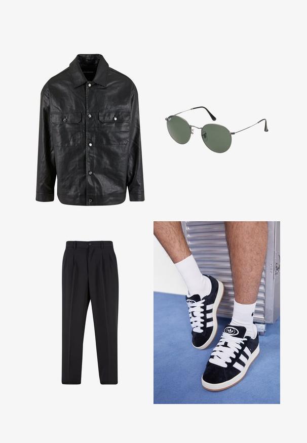 Chaqueta de cuero negra con un cierre frontal de botones, dos bolsillos en el pecho y un collar con punta, de textura suave y diseño minimalista.; Camiseta blanca de algodón con mangas cortas, escote redondo y un corte relajado. Textura suave sin patrones o acentos visibles.; Pantalones negros con un diseño de frente plisado, hechos de una tela suave. Cuentan con un cierre de botón y pasadores para cinturón; corte recto.; Zapatillas de ante negras con cordones blancos y tres rayas blancas. Presentan un logotipo circular negro en la lengüeta y una suela de goma color caramel.; Gafas de sol con marco de metal y lentes ovalados verdes. Marco delgado de metal plateado y puntas de las orejas negras. Diseño minimalista, sin logotipos visibles.
