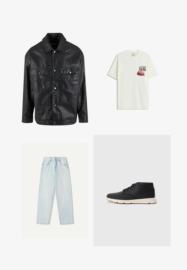 mustat nahkatakki, jossa on nappikiinnitys edessä, kaksi rintataskua ja terävä kaulus, joka on sileä ja yksinkertainen muotoilu.; Valkoinen lyhythihainen T-paita, jossa on pieni punainen Lightning McQueen -auton grafiikka ja "Lightning McQueen 95" -teksti vasemmalla rinnassa.; Vaaleansiniset farkut, joissa on rento istuvuus, suora lahje, viisi taskua ja hillitty haalistuminen kankaassa.; Musta nahkainen chukka-bootit, joissa on valkoinen kumipohja, pyöreät nauhat ja sivussa painettu logo kantapäässä. Tasainen pinta koko kengän ympäri.